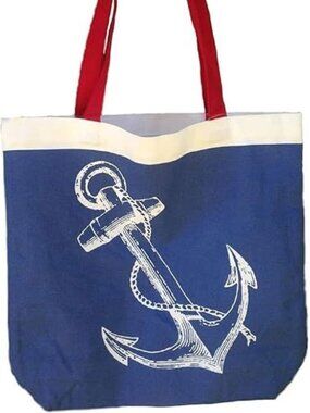Nautical Anchor Tote Bag, Navy Blue and Cream Canvas with Red Handles